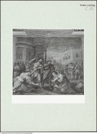 Vorderseite von Sopr. BAS ROMA [https://www.deutsche-digitale-bibliothek.de/content/lizenzen/rv-ez/] Szenen aus dem Leben der der Heiligen Kosmas und Damian und verschiedene HeiligeWunderbare Heilung einer Frau durch das Gebet der Heiligen Kosmas und Damian - , bh463739_recto. Foto.