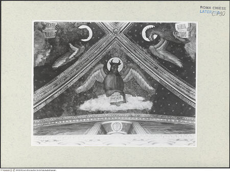 Vorderseite von ICCD [https://www.deutsche-digitale-bibliothek.de/content/lizenzen/rv-ez/] FreskenzyklusDie vier Evangelistensymbole - Detail: Stier, Symbol des Evangelisten Lukas, vor der Restaurierung, bh463948_recto. Foto.