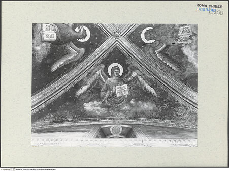 Vorderseite von ICCD [https://www.deutsche-digitale-bibliothek.de/content/lizenzen/rv-ez/] FreskenzyklusDie vier Evangelistensymbole - Detail: Engel, Symbol des Evangelisten Matthäus, vor der Restaurierung, bh463950_recto. Foto.