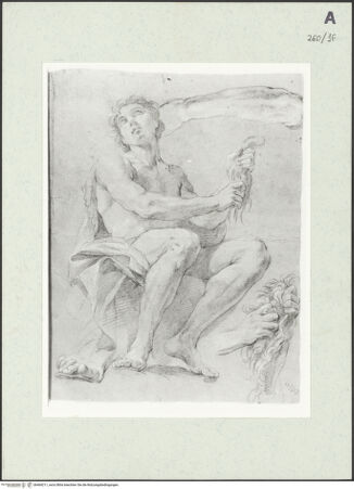 Vorderseite von Istituto Nazionale per la Grafica [https://www.deutsche-digitale-bibliothek.de/content/lizenzen/rv-ez/] Aktstudie zu einem sitzenden Mann. Detailstudien zu derselben Gestalt - , bh464211_recto. Foto.