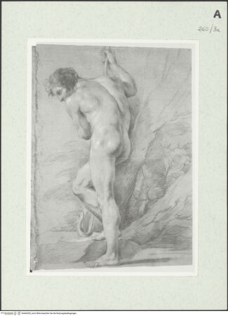 Vorderseite von Istituto Nazionale per la Grafica [https://www.deutsche-digitale-bibliothek.de/content/lizenzen/rv-ez/] Unbekleidete stehende Gestalt eines Mannes, der sich an einen Stock lehnt - , bh464355_recto. Foto.