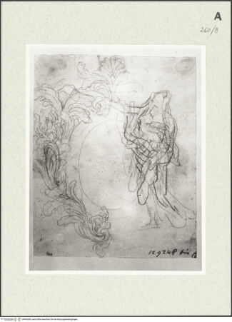 Vorderseite von Istituto Nazionale per la Grafica [https://www.deutsche-digitale-bibliothek.de/content/lizenzen/rv-ez/] Skizze zu einem mit üppigem Laubwerk geschmückten Rahmen. Rechts eine allegorische Gestalt - Detail, bh464369_recto. Foto.