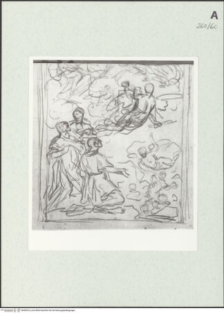 Vorderseite von Istituto Nazionale per la Grafica [https://rightsstatements.org/page/CNE/1.0/] Kompositionsskizze mit der heiligen Dreifaltigkeit und der Heiligen Jungfrau mit drei Heiligen, die der Auferstehung der Toten beiwohnen - Detail, bh464376_recto. Foto.