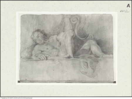 Vorderseite von Istituto Nazionale per la Grafica [https://www.deutsche-digitale-bibliothek.de/content/lizenzen/rv-ez/] Männlicher Akt mit Girlande, auf einem Kranzgesims liegend - , bh464387_recto. Foto.