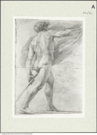 Vorderseite von Istituto Nazionale per la Grafica [https://www.deutsche-digitale-bibliothek.de/content/lizenzen/rv-ez/] Nach rechts schreitende männliche Gestalt, die in der Rechten eine Draperie, in der Linken einen Stab hält - , bh464406_recto. Foto.