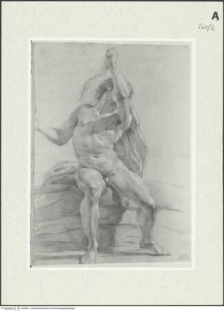 Vorderseite von Istituto Nazionale per la Grafica [https://www.deutsche-digitale-bibliothek.de/content/lizenzen/rv-ez/] Sitzende männliche Gestalt mit erhobenem Arm, eine Draperie haltend - , bh464411_recto. Foto.