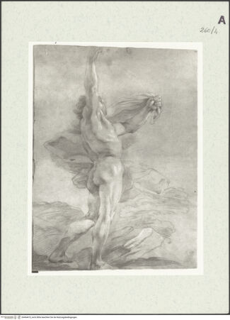 Vorderseite von Istituto Nazionale per la Grafica [https://www.deutsche-digitale-bibliothek.de/content/lizenzen/rv-ez/] Stehende männliche Gestalt mit erhobenen Armen, die eine Draperie hält - , bh464415_recto. Foto.