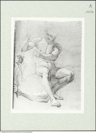 Vorderseite von Istituto Nazionale per la Grafica [https://www.deutsche-digitale-bibliothek.de/content/lizenzen/rv-ez/] Aktstudie zu einem sitzenden bärtigen Mann. Detailstudien zu seinen Armen - , bh464484_recto. Foto.