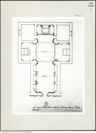 Vorderseite von Bibliothèque Nationale, Paris [https://www.deutsche-digitale-bibliothek.de/content/lizenzen/rv-ez/] Grundriss der Kirche Santa Maria Liberatrice, Rom - , bh464626_recto. Foto.