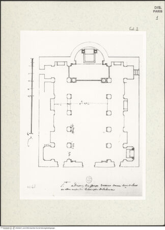 Vorderseite von Bibliothèque Nationale, Paris [https://www.deutsche-digitale-bibliothek.de/content/lizenzen/rv-ez/] Grundriss der Kirche Sant'Adriano, Rom - , bh464627_recto. Foto.