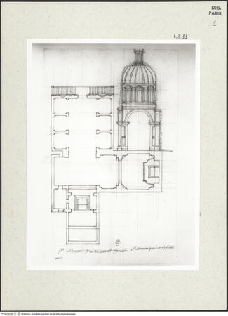 Vorderseite von Bibliothèque Nationale, Paris [https://www.deutsche-digitale-bibliothek.de/content/lizenzen/rv-ez/] Grundriss der Kirche San Silvestro al Quirinale, Rom und Schnitt durch die Cappella Brandini - , bh464642_recto. Foto.