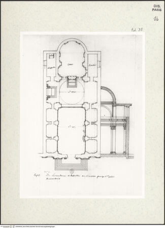 Vorderseite von Bibliothèque Nationale, Paris [https://www.deutsche-digitale-bibliothek.de/content/lizenzen/rv-ez/] Grundriss und Schnitt der Kirche Santa Maria della Scala, Rom - , bh464644_recto. Foto.