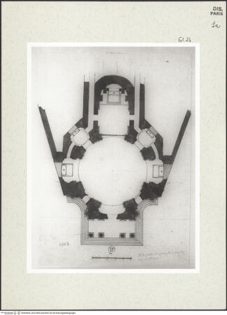 Vorderseite von Bibliothèque Nationale, Paris [https://www.deutsche-digitale-bibliothek.de/content/lizenzen/rv-ez/] Grundriss der Kirche Santa Maria dei Miracoli, Rom - , bh464646_recto. Foto.