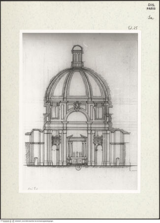 Vorderseite von Bibliothèque Nationale, Paris [https://www.deutsche-digitale-bibliothek.de/content/lizenzen/rv-ez/] Schnitt der Kirche Santa Maria dei Miracoli, Rom - , bh464647_recto. Foto.
