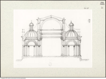 Vorderseite von Bibliothèque Nationale, Paris [https://www.deutsche-digitale-bibliothek.de/content/lizenzen/rv-ez/] Querschnitt der Kirche Sant'Ignazio, Rom - , bh464652_recto. Foto.