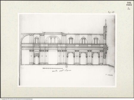 Vorderseite von Bibliothèque Nationale, Paris [https://www.deutsche-digitale-bibliothek.de/content/lizenzen/rv-ez/] Längsschnitt der Kirche Sant'Ignazio, Rom - , bh464654_recto. Foto.