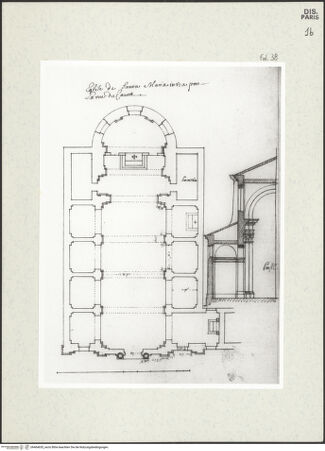 Vorderseite von Bibliothèque Nationale, Paris [https://www.deutsche-digitale-bibliothek.de/content/lizenzen/rv-ez/] Grundriss und Schnitt der Kirche Santa Maria in Via, Rom - , bh464655_recto. Foto.