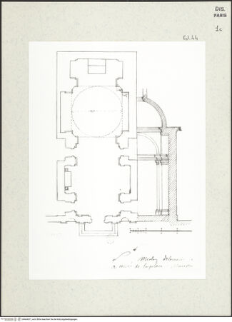 Vorderseite von Bibliothèque Nationale, Paris [https://www.deutsche-digitale-bibliothek.de/content/lizenzen/rv-ez/] Grundriss und Schnitt der Kirche San Nicola dei Lorenesi, Rom - , bh464657_recto. Foto.