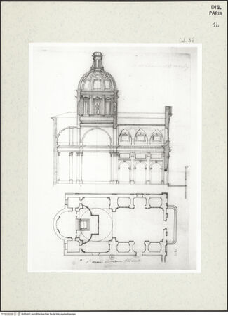 Vorderseite von Bibliothèque Nationale, Paris [https://www.deutsche-digitale-bibliothek.de/content/lizenzen/rv-ez/] Längsschnitt und Grundriss der Kirche der Madonna dei Monti, Rom - , bh464665_recto. Foto.
