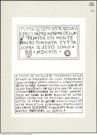 Vorderseite von Bibliothèque Nationale, Paris [https://www.deutsche-digitale-bibliothek.de/content/lizenzen/rv-ez/] Zwei Inschriftentafeln von der Kirche Trinità dei Monti und aus der Via Gregoriana, Rom - , bh464677_recto. Foto.