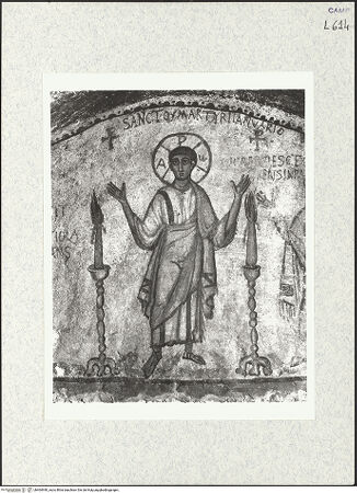 Vorderseite von Bibliotheca Hertziana [https://www.deutsche-digitale-bibliothek.de/content/lizenzen/rv-fz/] Arcosolium von Cominia und Nicatiola (Der heilige Ianuarius zwischen den beiden Verstorbenen) - Detail: der heilige Ianuarius (nach der Restaurierung von 1971), bh464940_recto. Foto: Savio, Oscar.