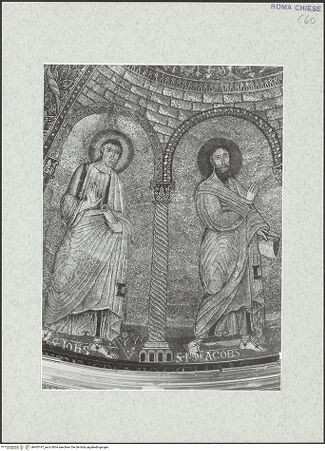 Vorderseite von Sopr. BAS ROMA [https://www.deutsche-digitale-bibliothek.de/content/lizenzen/rv-ez/] Madonna mit Kind zwischen den Heiligen Jakobus, Johannes, Petrus und Andreas - Detail: Johannes und Jakobus, bh465197_recto. Foto.