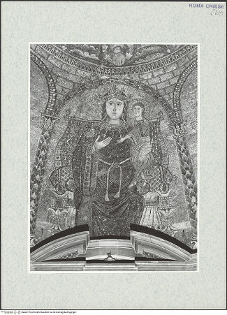 Vorderseite von Sopr. BAS ROMA [https://www.deutsche-digitale-bibliothek.de/content/lizenzen/rv-ez/] Madonna mit Kind zwischen den Heiligen Jakobus, Johannes, Petrus und Andreas - Detail: Madonna mit Kind, thronend, bh465199_recto. Foto.