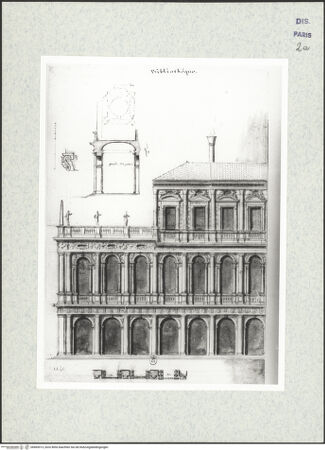 Vorderseite von Bibliothèque Nationale, Paris [https://www.deutsche-digitale-bibliothek.de/content/lizenzen/rv-ez/] Aufriss von Biblioteca Marciana und Procurazie Nuove, Schnitt durch die Arkaden - , bh465913_recto. Foto.