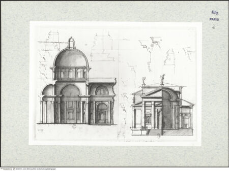 Vorderseite von Bibliothèque Nationale, Paris [https://www.deutsche-digitale-bibliothek.de/content/lizenzen/rv-ez/] Schnitte und Aufriss der Kirche Redentore, Venedig - , bh465931_recto. Foto.