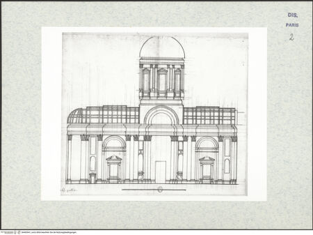 Vorderseite von Bibliothèque Nationale, Paris [https://www.deutsche-digitale-bibliothek.de/content/lizenzen/rv-ez/] Längsschnitt durch die Kirche Santa Maria Assunta di Carignano, Genua - , bh465941_recto. Foto.