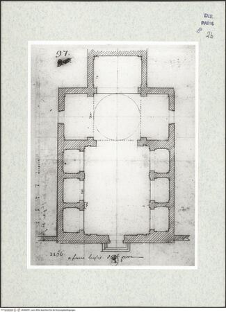 Vorderseite von Bibliothèque Nationale, Paris [https://www.deutsche-digitale-bibliothek.de/content/lizenzen/rv-ez/] Grundriss der Kirche San Pietro ad Vallum, Fano - , bh466091_recto. Foto.