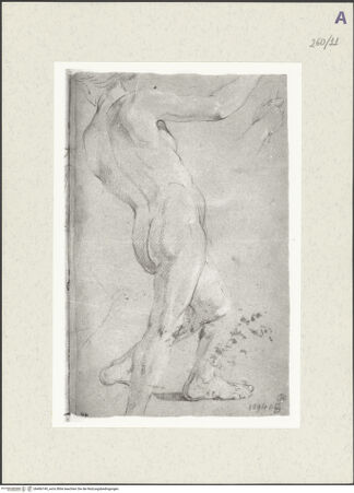 Vorderseite von Istituto Nazionale per la Grafica [https://www.deutsche-digitale-bibliothek.de/content/lizenzen/rv-ez/] Aktstudie zu einem stehenden Mann, vom Rücken gesehen. Wiederholung seines rechten Beines und seines rechten Armes - , bh466149_recto. Foto.