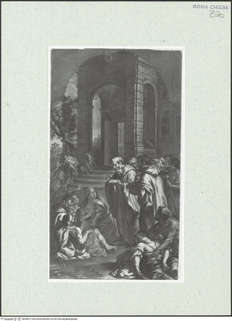 Vorderseite von Sopr. BAS ROMA [https://www.deutsche-digitale-bibliothek.de/content/lizenzen/rv-ez/] Der selige Bernardo Tolomei bringt Speisen zu den Pestkranken - , bh466572_recto. Foto.