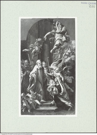Vorderseite von Sopr. BAS ROMA [https://www.deutsche-digitale-bibliothek.de/content/lizenzen/rv-ez/] Studie zu einem Bild "Die heilige Francesca Romana reicht dem seligen Bernardo Tolomei das Jesuskind" - , bh466573_recto. Foto.