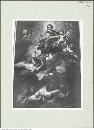 Vorderseite von Sopr. BAS ROMA [https://www.deutsche-digitale-bibliothek.de/content/lizenzen/rv-ez/] Maria in der Glorie und Vertreibung des Dämon durch den Erzengel Michael - , bh466580_recto. Foto.