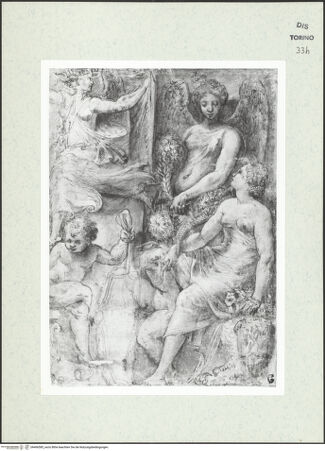 Vorderseite von Biblioteca Reale [https://www.deutsche-digitale-bibliothek.de/content/lizenzen/rv-ez/] Skizzenbuch mit Antiken (Contraffazioni)Mythologisch-allegorische Komposition - , bh466585_recto. Foto.