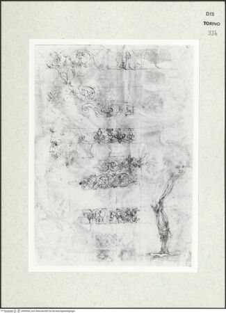 Vorderseite von Biblioteca Reale [https://www.deutsche-digitale-bibliothek.de/content/lizenzen/rv-ez/] Skizzenbuch mit Antiken (Contraffazioni)Ornamentstudien, Skizze eines Beins - , bh466594_recto. Foto.