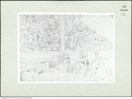 Vorderseite von Biblioteca Reale [https://www.deutsche-digitale-bibliothek.de/content/lizenzen/rv-ez/] Skizzenbuch mit Antiken (Contraffazioni)Tod des Adonis und Venus mit dem verletzten Adonis, Kopf einer männlichen Figur mit Hörnern und Putti - , bh466596_recto. Foto.