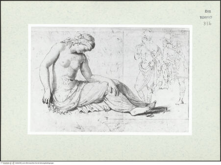 Vorderseite von Biblioteca Reale [https://www.deutsche-digitale-bibliothek.de/content/lizenzen/rv-ez/] Skizzenbuch mit Antiken (Contraffazioni)Sitzende weibliche Figur, zwei Soldaten - , bh466598_recto. Foto.