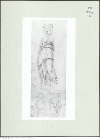 Vorderseite von Biblioteca Reale [https://www.deutsche-digitale-bibliothek.de/content/lizenzen/rv-ez/] Skizzenbuch mit Antiken (Contraffazioni)Stehende weibliche Figur, Studien eines männlichen Torso - , bh466601_recto. Foto.