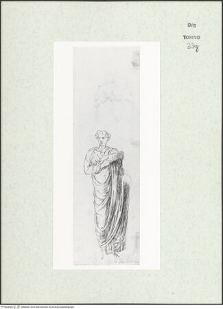 Vorderseite von Biblioteca Reale [https://www.deutsche-digitale-bibliothek.de/content/lizenzen/rv-ez/] Skizzenbuch mit Antiken (Contraffazioni)Studie einer Figur mit Toga - , bh466606_recto. Foto.