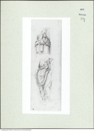 Vorderseite von Biblioteca Reale [https://www.deutsche-digitale-bibliothek.de/content/lizenzen/rv-ez/] Skizzenbuch mit Antiken (Contraffazioni)Gewandstudie eines Torso mit Chiton, Studie einer Statue mit Toga - , bh466607_recto. Foto.