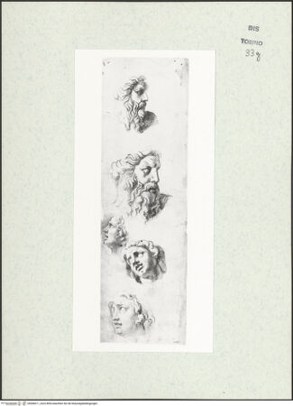 Vorderseite von Biblioteca Reale [https://www.deutsche-digitale-bibliothek.de/content/lizenzen/rv-ez/] Skizzenbuch mit Antiken (Contraffazioni)Bärtiger Kopf im Profil, Kopf eines sterbenden Giganten - , bh466611_recto. Foto.