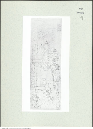 Vorderseite von Biblioteca Reale [https://www.deutsche-digitale-bibliothek.de/content/lizenzen/rv-ez/] Skizzenbuch mit Antiken (Contraffazioni)Ornamentstudie mit Architekturprospekt und Karyatide - , bh466620_recto. Foto.