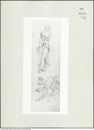 Vorderseite von Biblioteca Reale [https://www.deutsche-digitale-bibliothek.de/content/lizenzen/rv-ez/] Skizzenbuch mit Antiken (Contraffazioni)Figur einer tanzenden Mänade, weitere Mänade und männliche Figur mit glockenbehängtem Harnisch und Schlagen - , bh466629_recto. Foto.