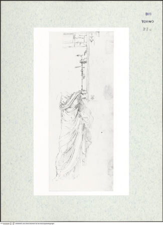 Vorderseite von Biblioteca Reale [https://www.deutsche-digitale-bibliothek.de/content/lizenzen/rv-ez/] Skizzenbuch mit Antiken (Contraffazioni)Ornamentstudie, weibliche Gewandfigur (Muse?) - , bh466658_recto. Foto.