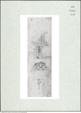 Vorderseite von Biblioteca Reale [https://www.deutsche-digitale-bibliothek.de/content/lizenzen/rv-ez/] Skizzenbuch mit Antiken (Contraffazioni)Ornamentstudien nach einer Stuckdekoration, Bekrönung eines Tabernakels, Kreuzigung - , bh466660_recto. Foto.