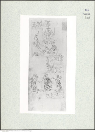 Vorderseite von Biblioteca Reale [https://www.deutsche-digitale-bibliothek.de/content/lizenzen/rv-ez/] Skizzenbuch mit Antiken (Contraffazioni)Ornamentstudien mit wippenden Satyrn und tanzenden weiblichen Figuren - , bh466668_recto. Foto.