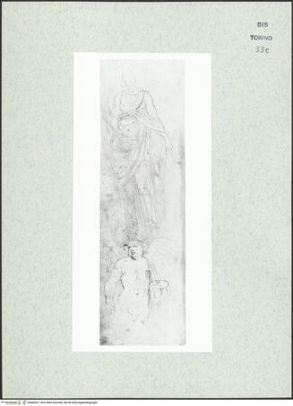 Vorderseite von Biblioteca Reale [https://www.deutsche-digitale-bibliothek.de/content/lizenzen/rv-ez/] Skizzenbuch mit Antiken (Contraffazioni)Stehende weibliche Gewandfigur; Putto, der ein Festonende hält - , bh466691_recto. Foto.