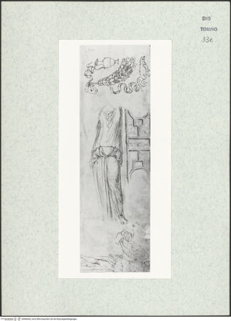 Vorderseite von Biblioteca Reale [https://www.deutsche-digitale-bibliothek.de/content/lizenzen/rv-ez/] Skizzenbuch mit Antiken (Contraffazioni)Ornamentstudie mit Widderkopf und Feston, stehende weibliche Figur, Stuccodekoration, Viktoria - , bh466693_recto. Foto.